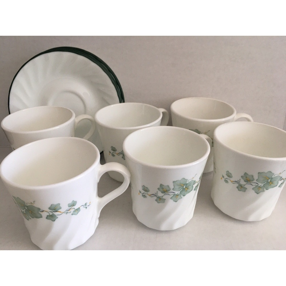 Set of 6 Corelle Corningware Callaway Green Ivy Pattern Coffee Cups And Saucers
